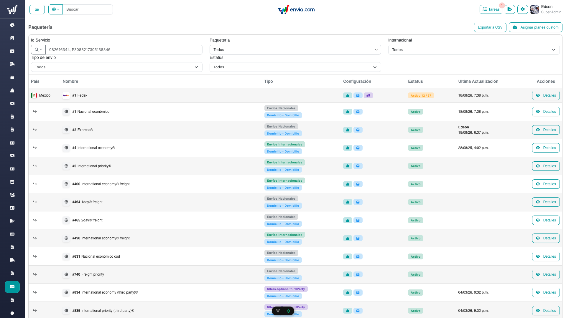 Carriers list with filters, tree rows, and Detalles